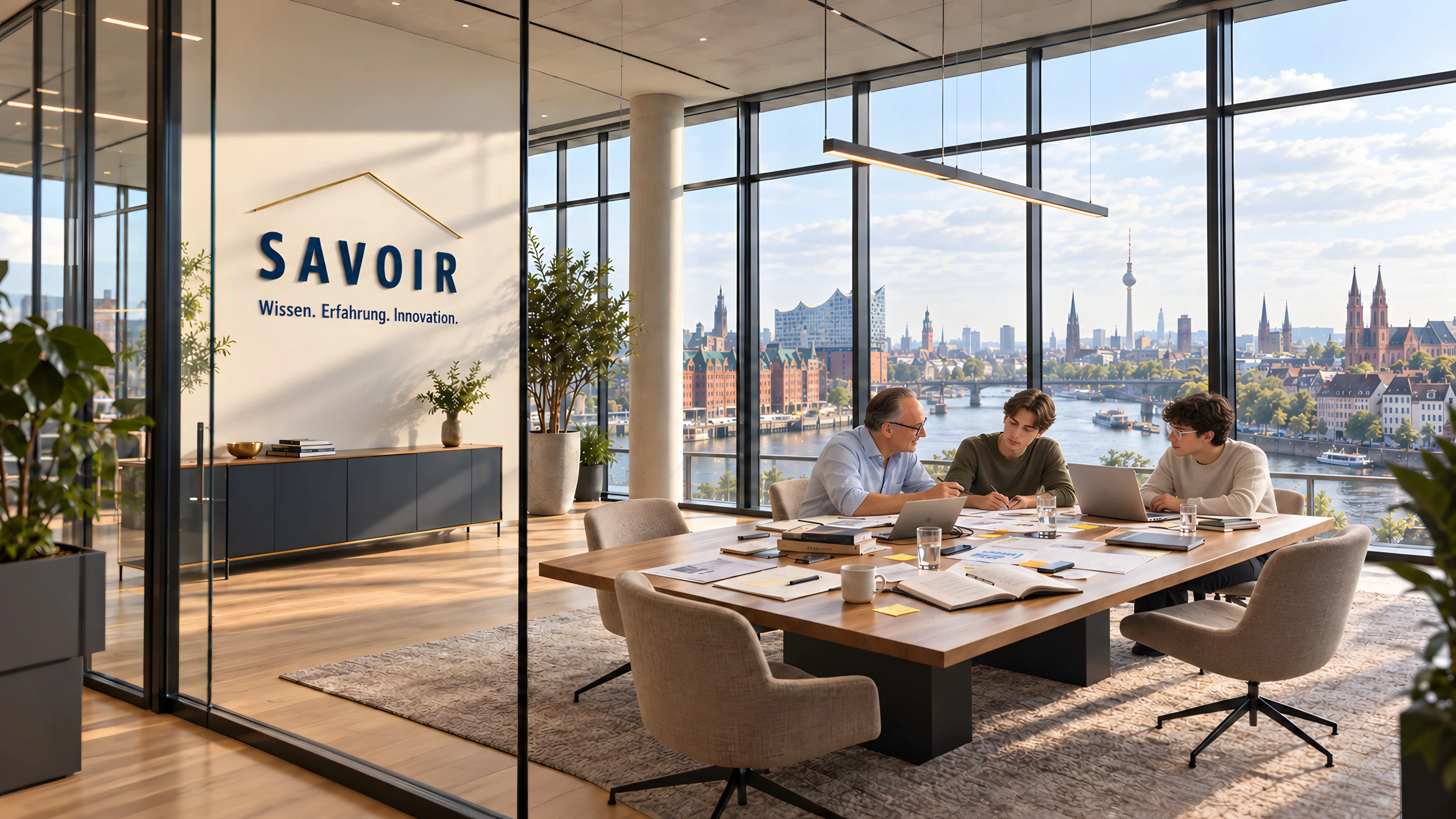 Arbeitsbesprechung an einem großen Tisch in einem hellen Büro mit Blick über Fluss und Stadt